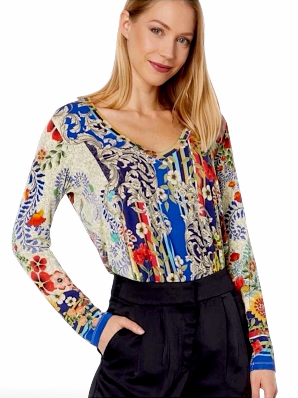 Johnny Was Wild Flower Favorite Long Sleeve V-Neck Swing Tee - Picture 2 of 16